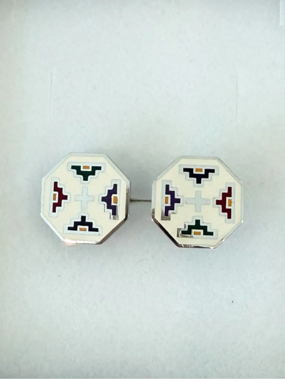 925 Silver Octagonal White Enamel Cufflinks with Multicolor Inlay
